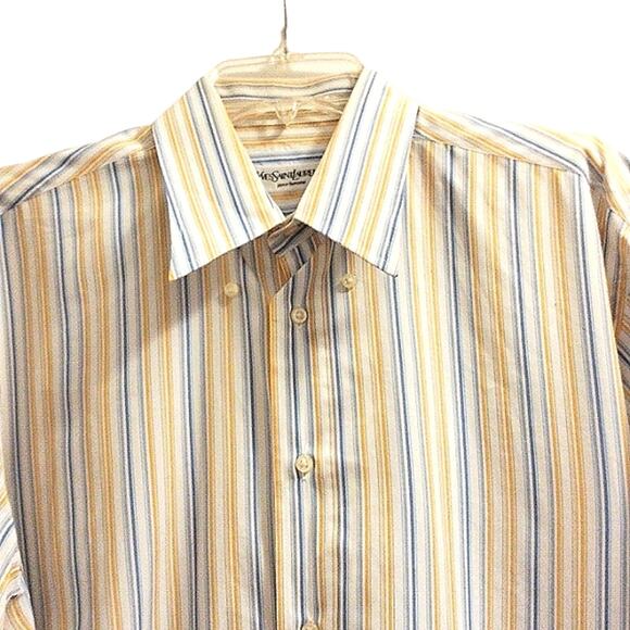 Yves St Laurent Dress Shirt Sz 42 Yellow Stripe EMBROIDERED YSL Embroidered Cuff - Picture 1 of 14